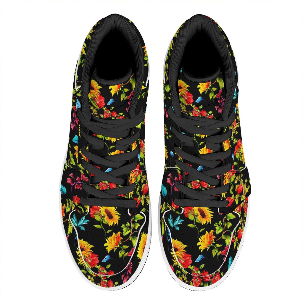 Sunflower Floral Pattern Print High Top Leather Sneakers