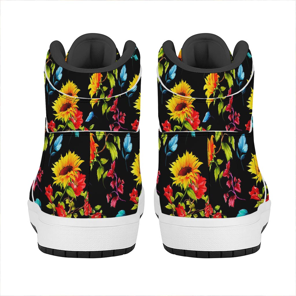 Sunflower Floral Pattern Print High Top Leather Sneakers