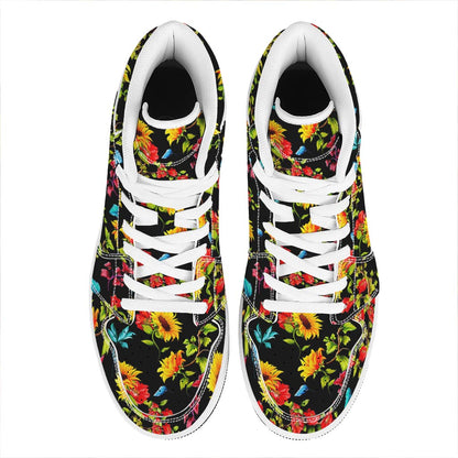 Sunflower Floral Pattern Print High Top Leather Sneakers