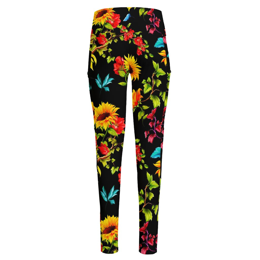 Sunflower Floral Pattern Print High-Waisted Pocket Leggings