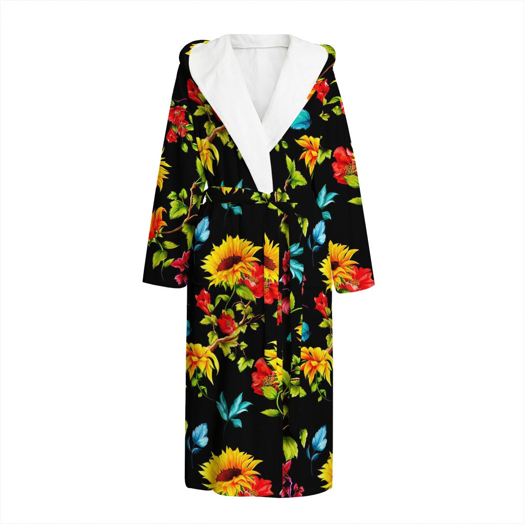 Sunflower Floral Pattern Print Hooded Bathrobe