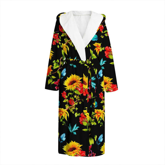 Sunflower Floral Pattern Print Hooded Bathrobe