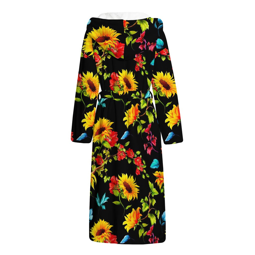 Sunflower Floral Pattern Print Hooded Bathrobe