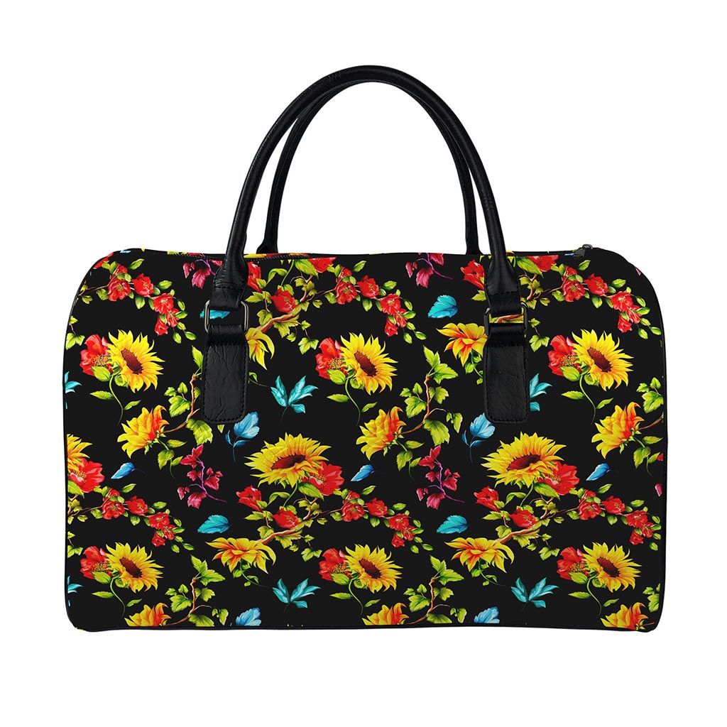 Sunflower Floral Pattern Print Leather Duffle Bag