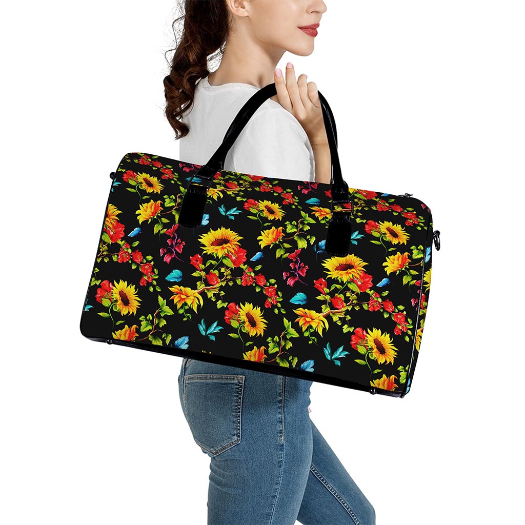 Sunflower Floral Pattern Print Leather Duffle Bag