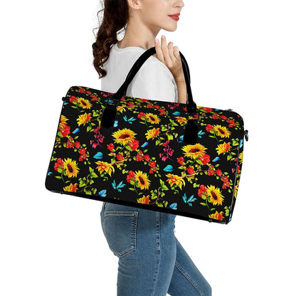 Sunflower Floral Pattern Print Leather Duffle Bag