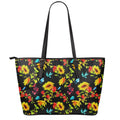 Sunflower Floral Pattern Print Leather Tote Bag With Zipper