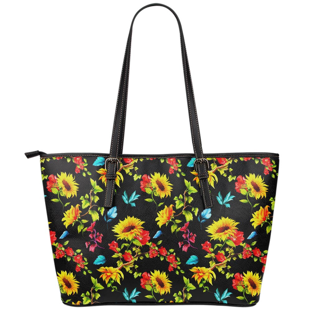 Sunflower Floral Pattern Print Leather Tote Bag