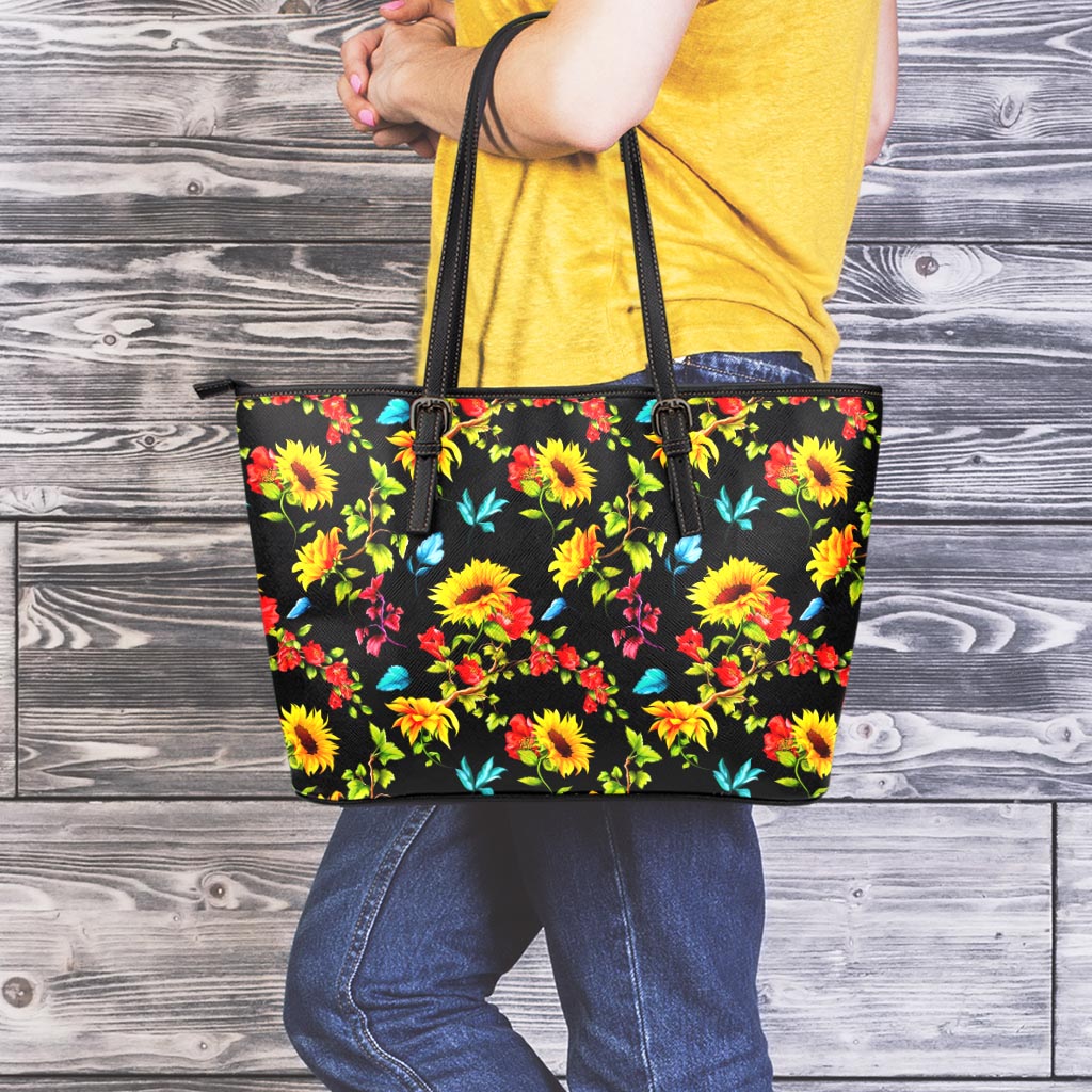 Sunflower Floral Pattern Print Leather Tote Bag