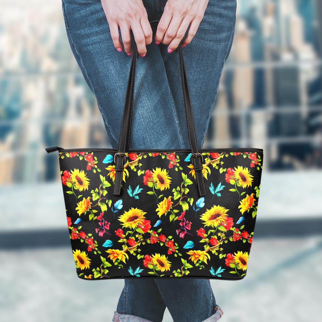 Sunflower Floral Pattern Print Leather Tote Bag