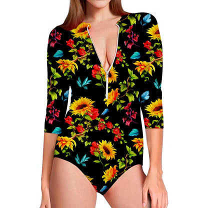 Sunflower Floral Pattern Print Long Sleeve Swimsuit