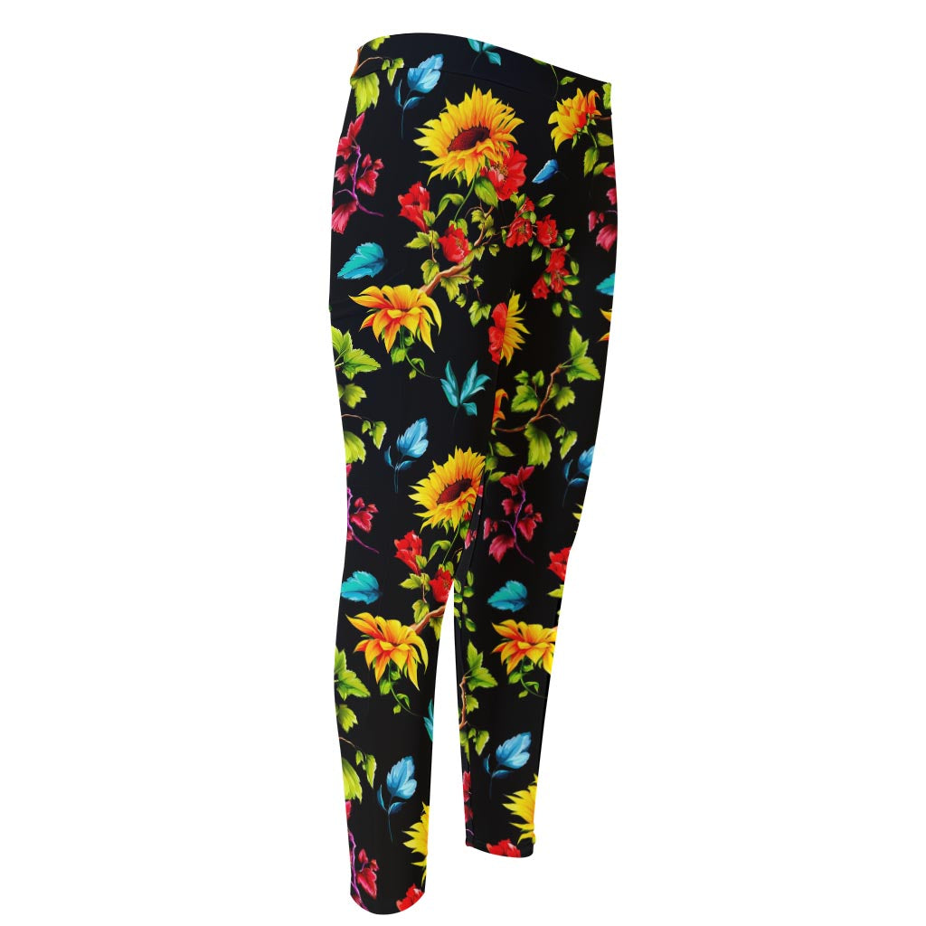 Sunflower Floral Pattern Print Men's Compression Pants