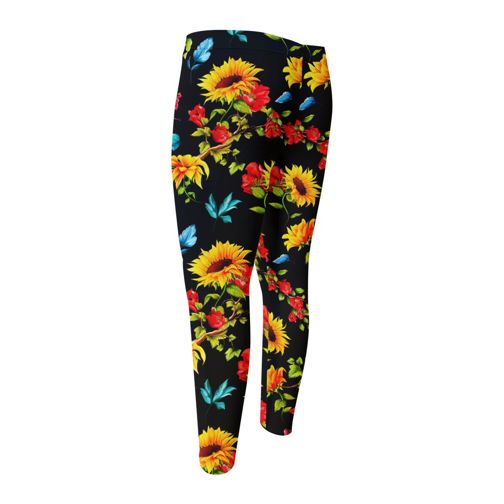 Sunflower Floral Pattern Print Men's Compression Pants