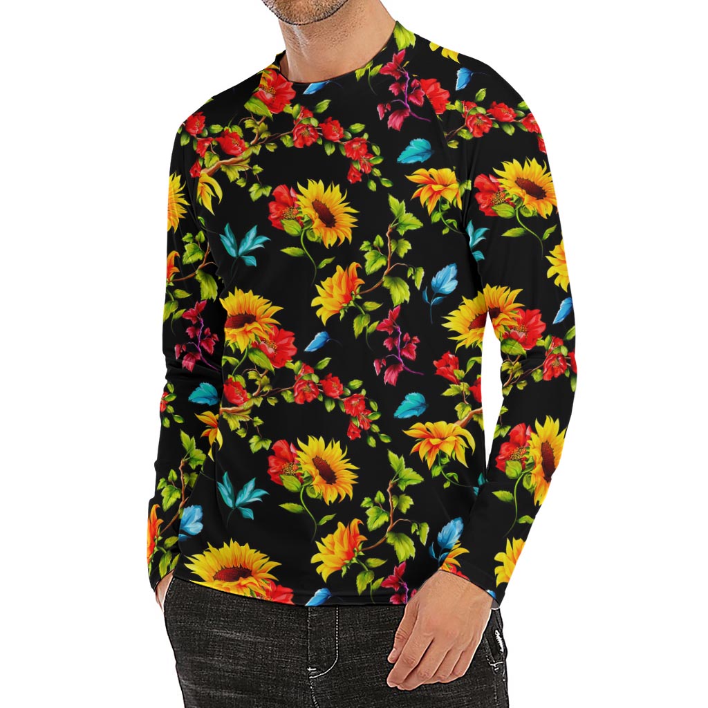 Sunflower Floral Pattern Print Men's Long Sleeve Rash Guard