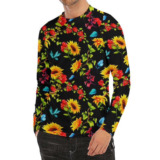Sunflower Floral Pattern Print Men's Long Sleeve Rash Guard