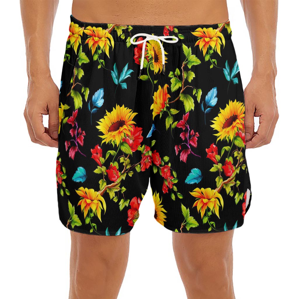 Sunflower Floral Pattern Print Men's Split Running Shorts