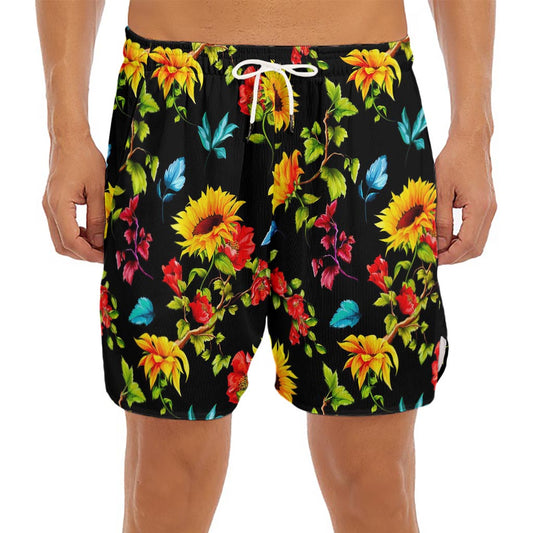 Sunflower Floral Pattern Print Men's Split Running Shorts