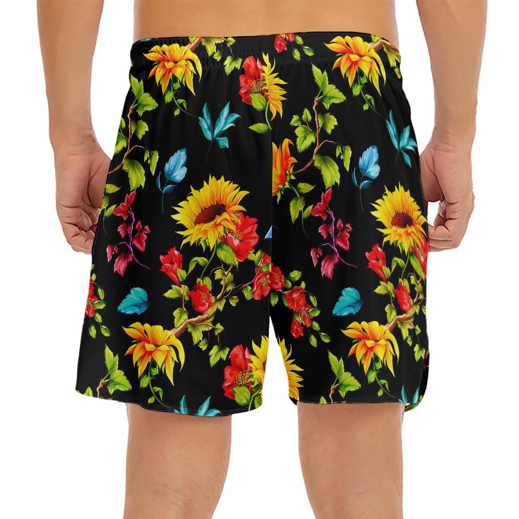 Sunflower Floral Pattern Print Men's Split Running Shorts