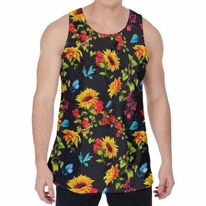 Sunflower Floral Pattern Print Men's Velvet Tank Top