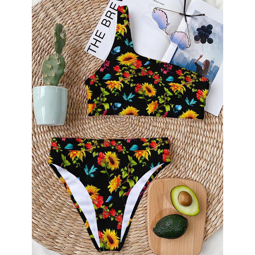 Sunflower Floral Pattern Print One Shoulder Bikini Top