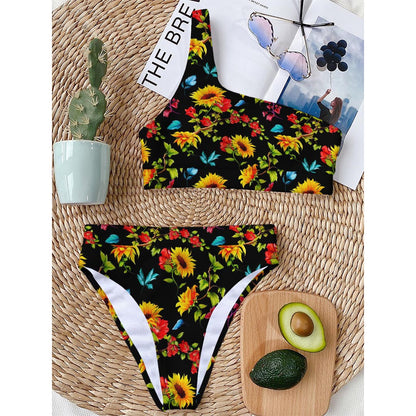 Sunflower Floral Pattern Print One Shoulder Bikini Top