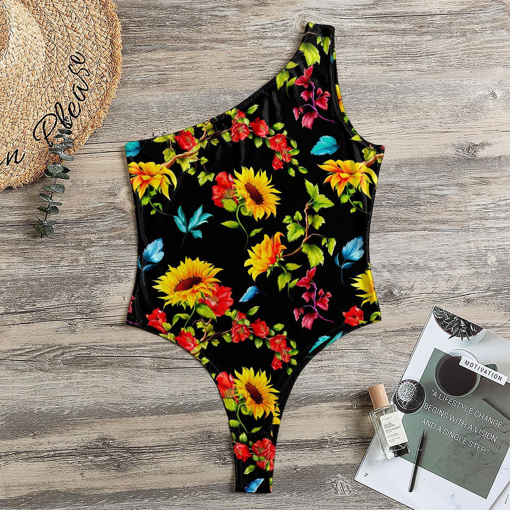 Sunflower Floral Pattern Print One Shoulder Bodysuit