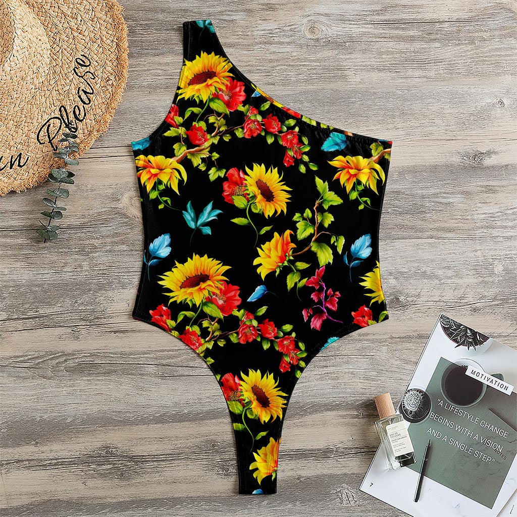 Sunflower Floral Pattern Print One Shoulder Bodysuit
