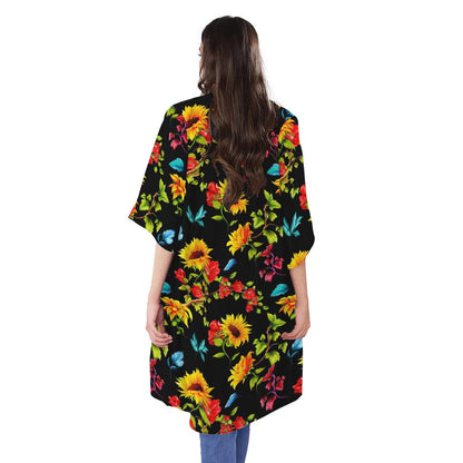 Sunflower Floral Pattern Print Open Front Beach Cover Up