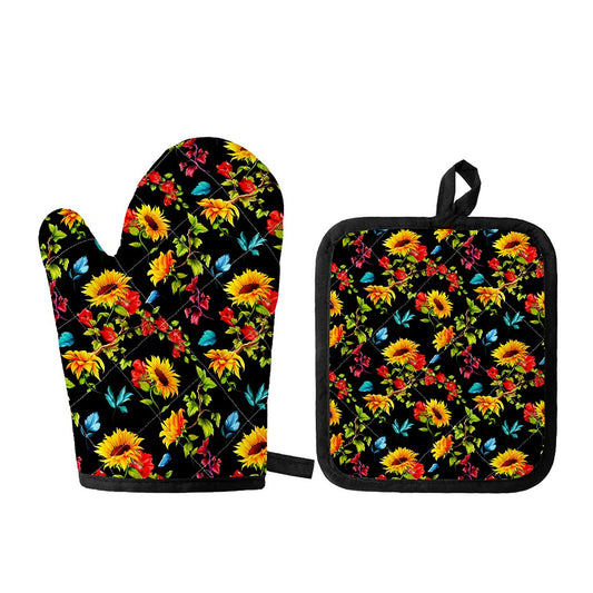 Sunflower Floral Pattern Print Oven Mitt And Pot Holder Set