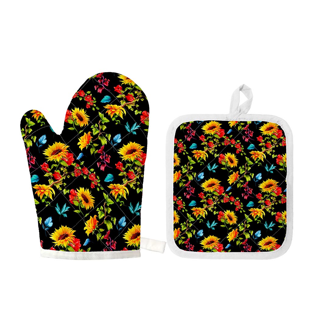 Sunflower Floral Pattern Print Oven Mitt And Pot Holder Set