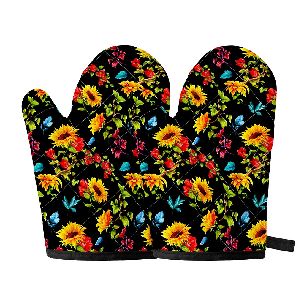 Sunflower Floral Pattern Print Oven Mitts