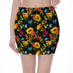 Sunflower Floral Pattern Print Pencil Mini Skirt