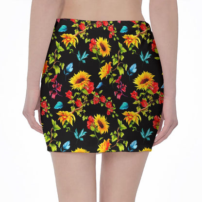 Sunflower Floral Pattern Print Pencil Mini Skirt