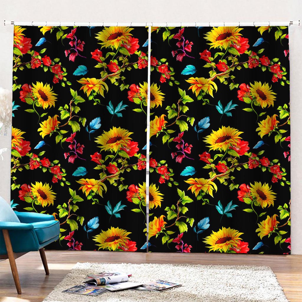 Sunflower Floral Pattern Print Pencil Pleat Curtains
