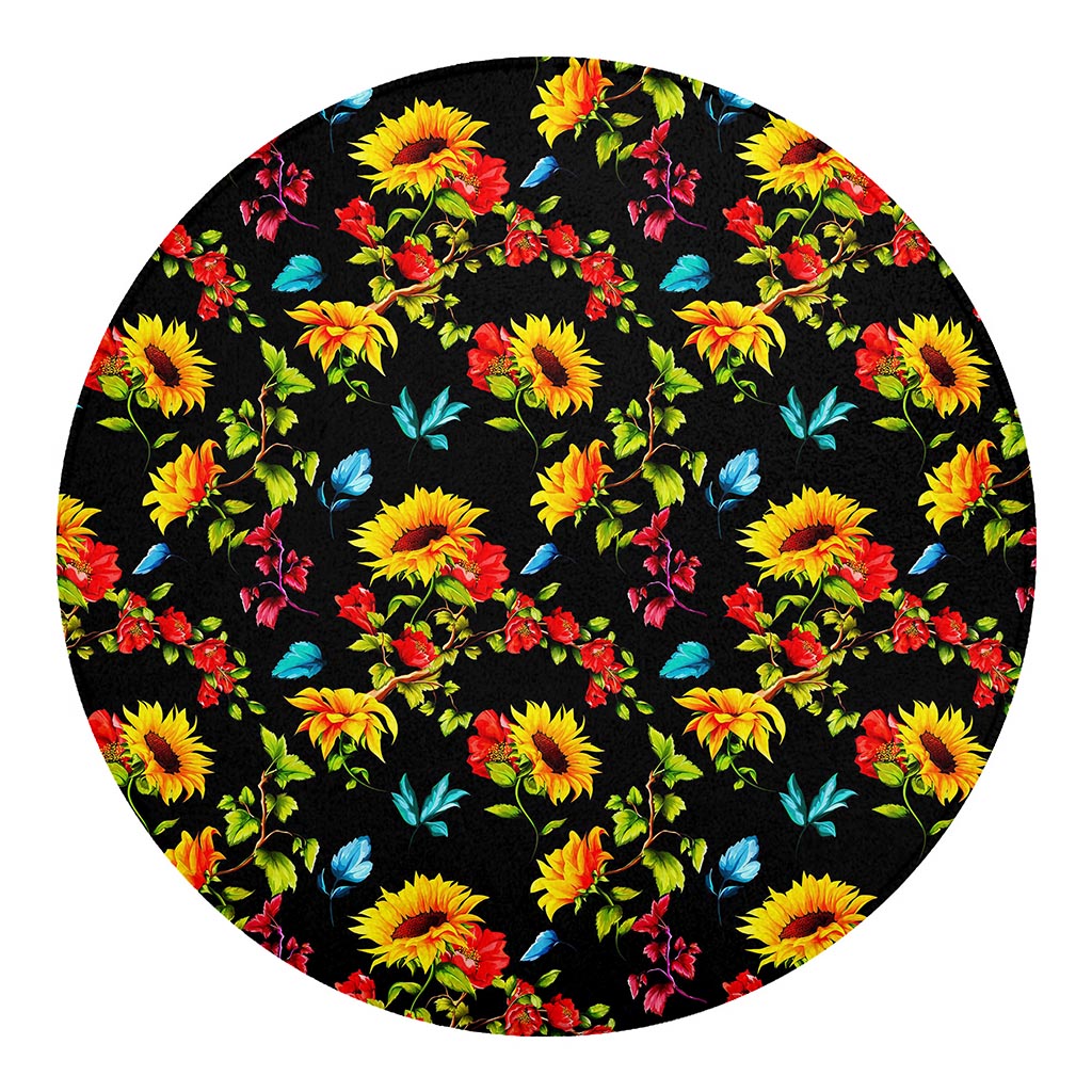 Sunflower Floral Pattern Print Round Blanket