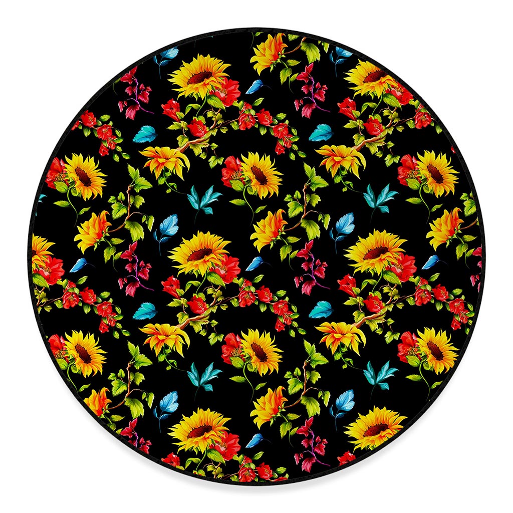 Sunflower Floral Pattern Print Round Floor Mat