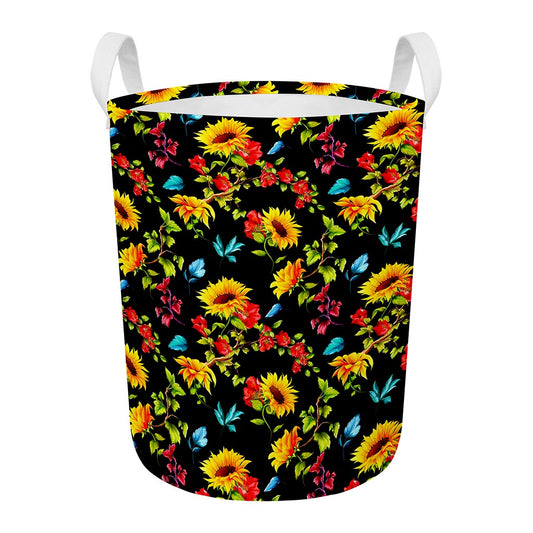 Sunflower Floral Pattern Print Round Laundry Basket