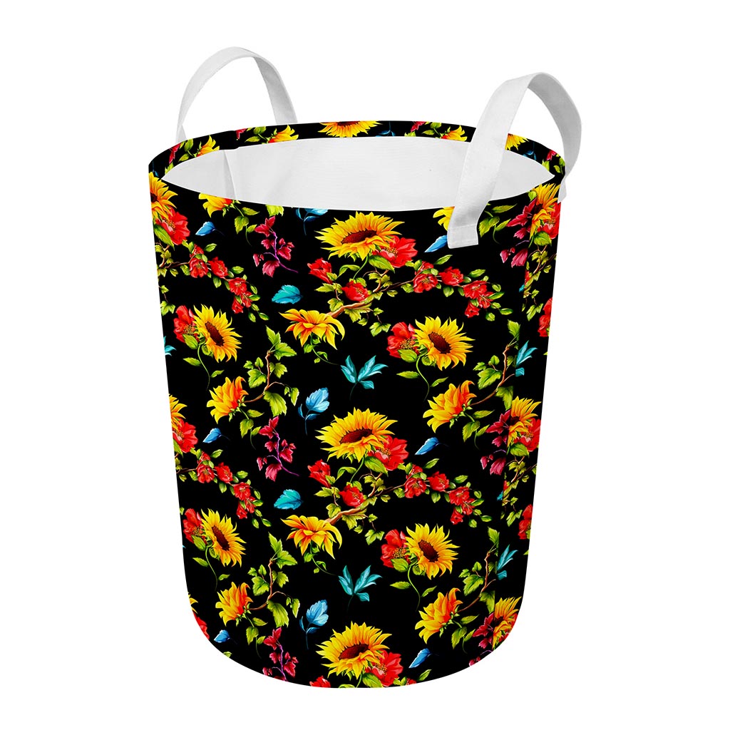 Sunflower Floral Pattern Print Round Laundry Basket