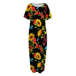 Sunflower Floral Pattern Print Short Sleeve Long Nightdress