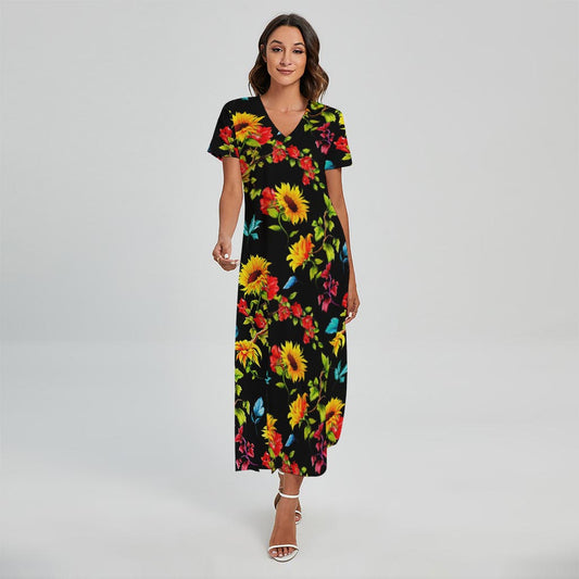 Sunflower Floral Pattern Print Short Sleeve Maxi Dress