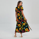 Sunflower Floral Pattern Print Short Sleeve Maxi Dress