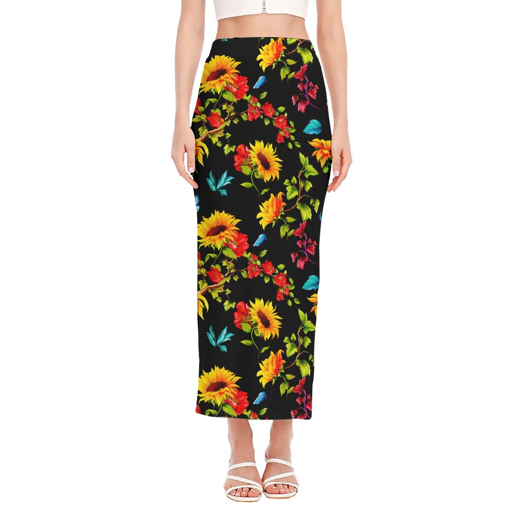 Sunflower Floral Pattern Print Side Slit Maxi Skirt