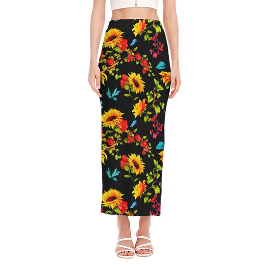 Sunflower Floral Pattern Print Side Slit Maxi Skirt