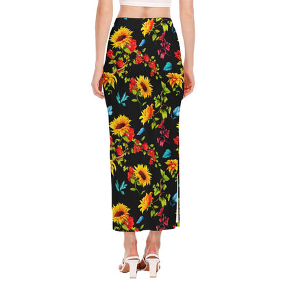 Sunflower Floral Pattern Print Side Slit Maxi Skirt