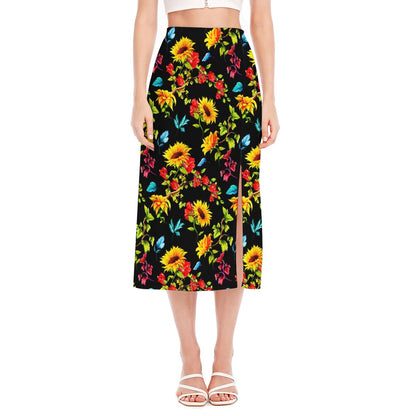 Sunflower Floral Pattern Print Side Slit Midi Skirt