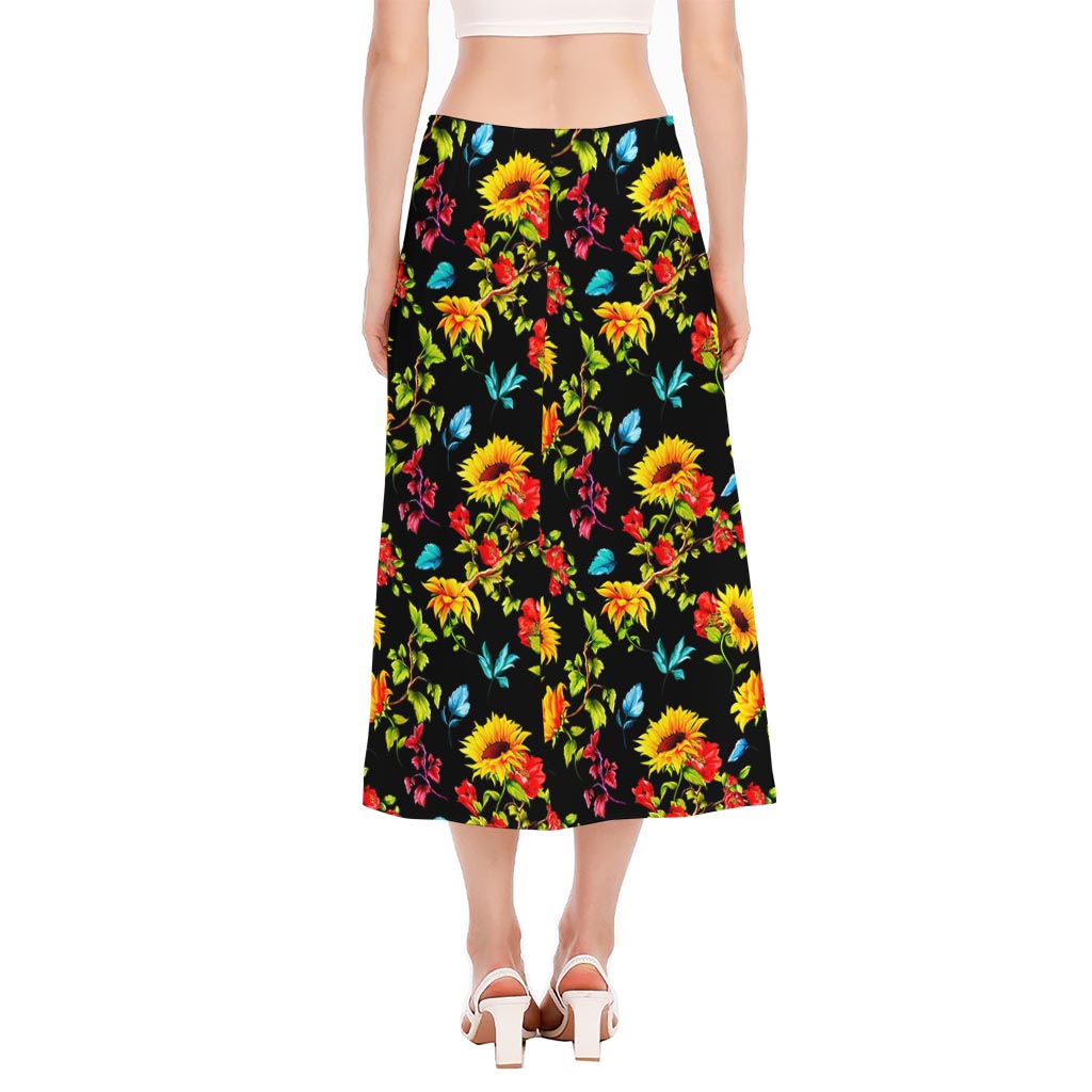 Sunflower Floral Pattern Print Side Slit Midi Skirt