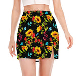 Sunflower Floral Pattern Print Side Slit Mini Skirt