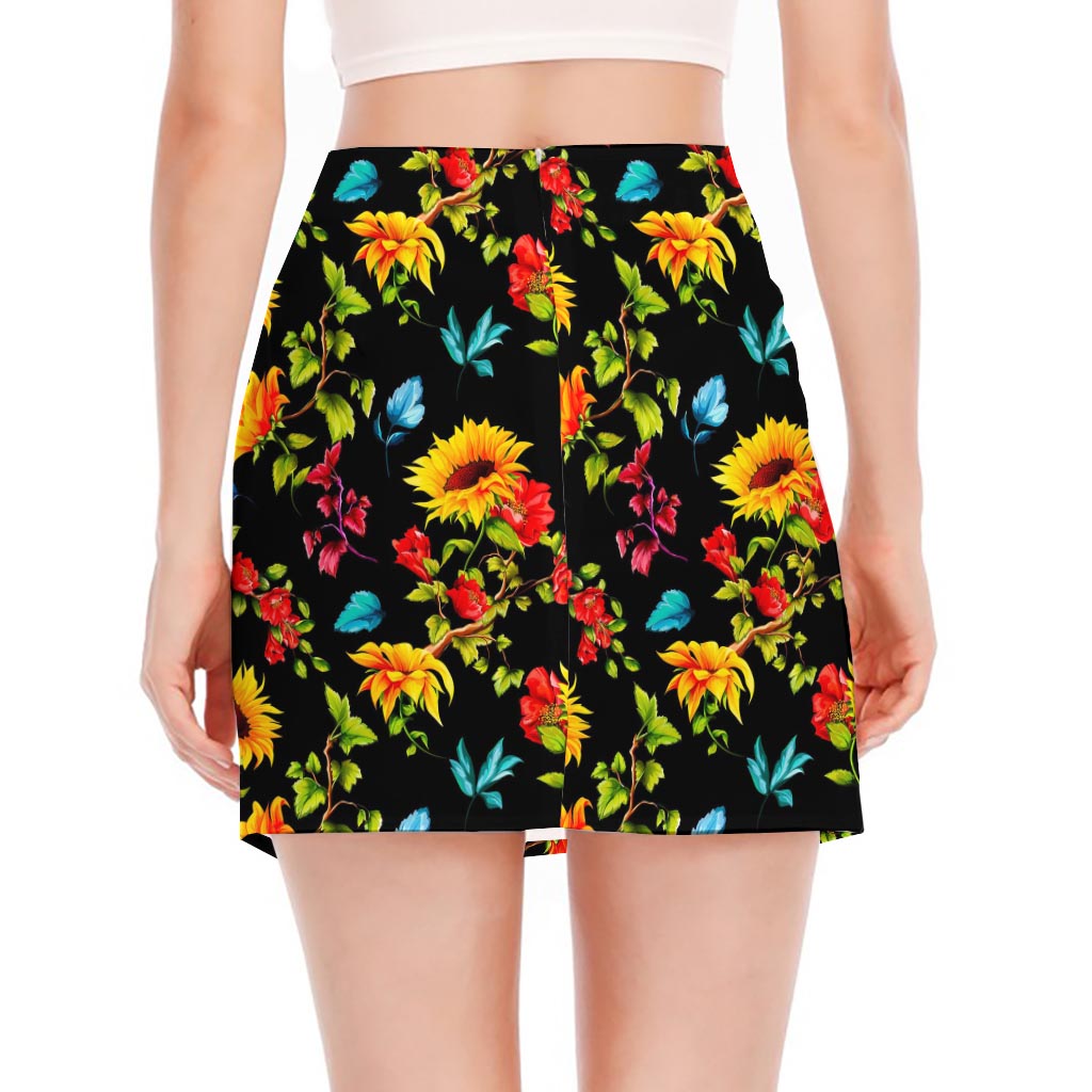 Sunflower Floral Pattern Print Side Slit Mini Skirt