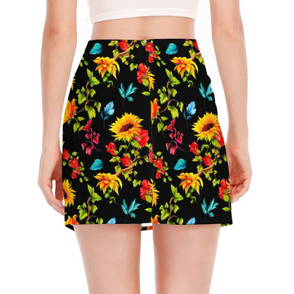 Sunflower Floral Pattern Print Side Slit Mini Skirt