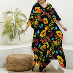 Sunflower Floral Pattern Print Silk V-Neck Kaftan Dress
